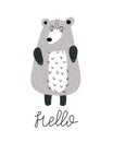 Hello. cartoon bear, hand drawing lettering. flat style, colorful vector for kids.